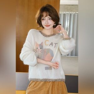 Cozy Fuzzy Cat Print Knit Sweater | Size S